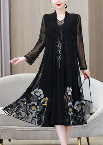 French Black V Neck Embroidered Floral Ice Silk Long Sunscreen Cardigans Summer