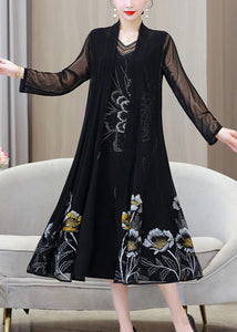 French Black V Neck Embroidered Floral Ice Silk Long Sunscreen Cardigans Summer