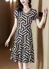 Load image into Gallery viewer, French Black V Neck Patchwork Striped Print Chiffon Dress Summer