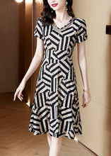 Load image into Gallery viewer, French Black V Neck Patchwork Striped Print Chiffon Dress Summer