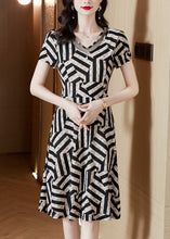 Load image into Gallery viewer, French Black V Neck Patchwork Striped Print Chiffon Dress Summer