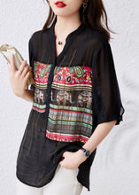 Load image into Gallery viewer, French Black V Neck Print Button Patchwork Cotton Tops Summer