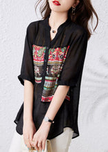 Load image into Gallery viewer, French Black V Neck Print Button Patchwork Cotton Tops Summer