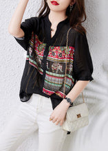 Load image into Gallery viewer, French Black V Neck Print Button Patchwork Cotton Tops Summer