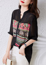 Load image into Gallery viewer, French Black V Neck Print Button Patchwork Cotton Tops Summer