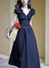 Load image into Gallery viewer, French Black V Neck Ruffled Puff Sleeve Cotton Dress