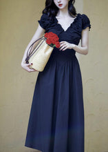 Load image into Gallery viewer, French Black V Neck Ruffled Puff Sleeve Cotton Dress