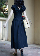 Load image into Gallery viewer, French Black V Neck Ruffled Puff Sleeve Cotton Dress