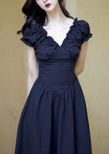 Load image into Gallery viewer, French Black V Neck Ruffled Puff Sleeve Cotton Dress