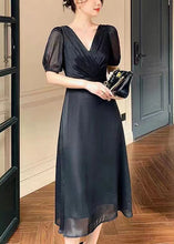 Load image into Gallery viewer, French Black V Neck Solid Silk Long Dresses Summer