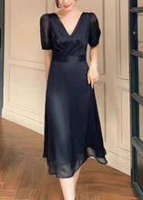 Load image into Gallery viewer, French Black V Neck Solid Silk Long Dresses Summer