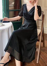 Load image into Gallery viewer, French Black V Neck Solid Silk Long Dresses Summer