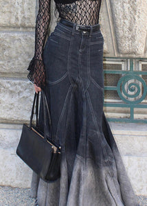 French Black Zippered High Waist Denim Fishtail Skirt Fall