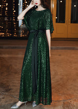 Load image into Gallery viewer, French Blackish Green Sequins Tie Waist Silk Vacation Dresses Summer