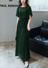 Load image into Gallery viewer, French Blackish Green Sequins Tie Waist Silk Vacation Dresses Summer