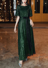 Load image into Gallery viewer, French Blackish Green Sequins Tie Waist Silk Vacation Dresses Summer