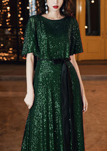 Load image into Gallery viewer, French Blackish Green Sequins Tie Waist Silk Vacation Dresses Summer