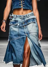 Load image into Gallery viewer, French Blue Button Pockets Front Open Denim Skirt Summer