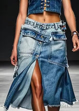 Load image into Gallery viewer, French Blue Button Pockets Front Open Denim Skirt Summer