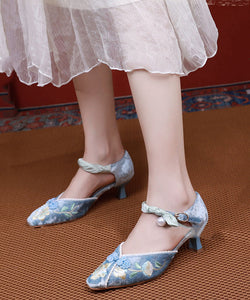 French Blue Embroidered Buckle Strap Silk Velour Chunky Heel