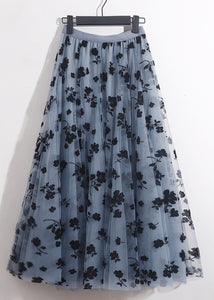 French Blue Floral Elastic Waist Tulle Skirts Summer