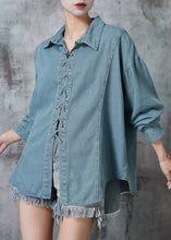 Load image into Gallery viewer, French Blue Grey Cross Strap Denim Shirt Top Fall