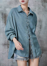 Load image into Gallery viewer, French Blue Grey Cross Strap Denim Shirt Top Fall