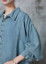 Load image into Gallery viewer, French Blue Grey Cross Strap Denim Shirt Top Fall