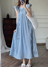 Load image into Gallery viewer, French Blue Hollow Out Embroidered Cotton Dresses Petal Sleeve