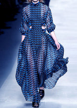 Load image into Gallery viewer, French Blue Hollow Out Print Chiffon Long Dresses Long Sleeve