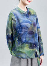 Load image into Gallery viewer, French Blue O Neck Button Print Linen Blouse Long Sleeve