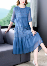 Load image into Gallery viewer, French Blue O-Neck Embroidered Patchwork Silk Long Dresses Summer