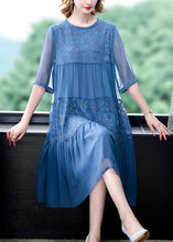 Load image into Gallery viewer, French Blue O-Neck Embroidered Patchwork Silk Long Dresses Summer