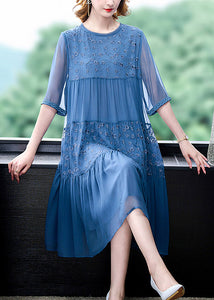 French Blue O-Neck Embroidered Patchwork Silk Long Dresses Summer