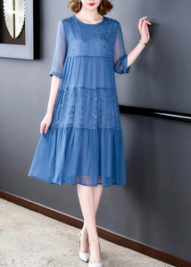 French Blue O-Neck Embroidered Patchwork Silk Long Dresses Summer