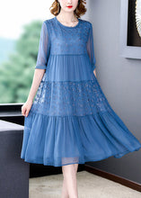 Load image into Gallery viewer, French Blue O-Neck Embroidered Patchwork Silk Long Dresses Summer