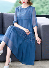 Load image into Gallery viewer, French Blue O-Neck Embroidered Patchwork Silk Long Dresses Summer