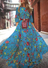 Load image into Gallery viewer, French Blue O-Neck Print Chiffon Long Dresses Half Sleeve