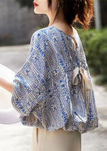 Load image into Gallery viewer, French Blue O Neck Print Lace Up Cotton Tops Batwing Sleeve