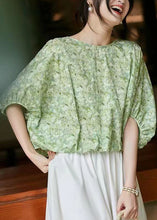 Load image into Gallery viewer, French Green O Neck Print Lace Up Cotton Tops Batwing Sleeve