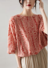 Load image into Gallery viewer, French Orange O Neck Print Lace Up Cotton Tops Batwing Sleeve