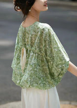 Load image into Gallery viewer, French Green O Neck Print Lace Up Cotton Tops Batwing Sleeve