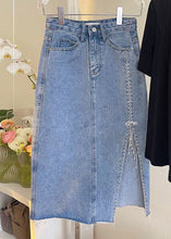 Load image into Gallery viewer, French Blue Patchwork Nail Bead Tassel Denim Maxi Skirts