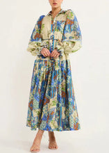 Load image into Gallery viewer, French Blue Print Tie Waist Silk Cotton Shirts Dresses Flare Sleeve