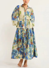 Load image into Gallery viewer, French Blue Print Tie Waist Silk Cotton Shirts Dresses Flare Sleeve