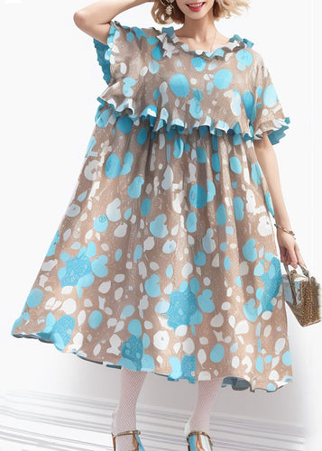 French Blue Ruffled Print Cotton Long Dresses Short Sleeve