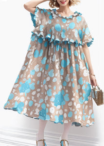 French Blue Ruffled Print Cotton Long Dresses Short Sleeve