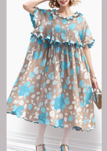 French Blue Ruffled Print Cotton Long Dresses Short Sleeve