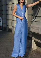 Load image into Gallery viewer, French Blue Tops And Pants Linen Two Pieces Set Sleeveless