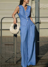 Load image into Gallery viewer, French Blue Tops And Pants Linen Two Pieces Set Sleeveless